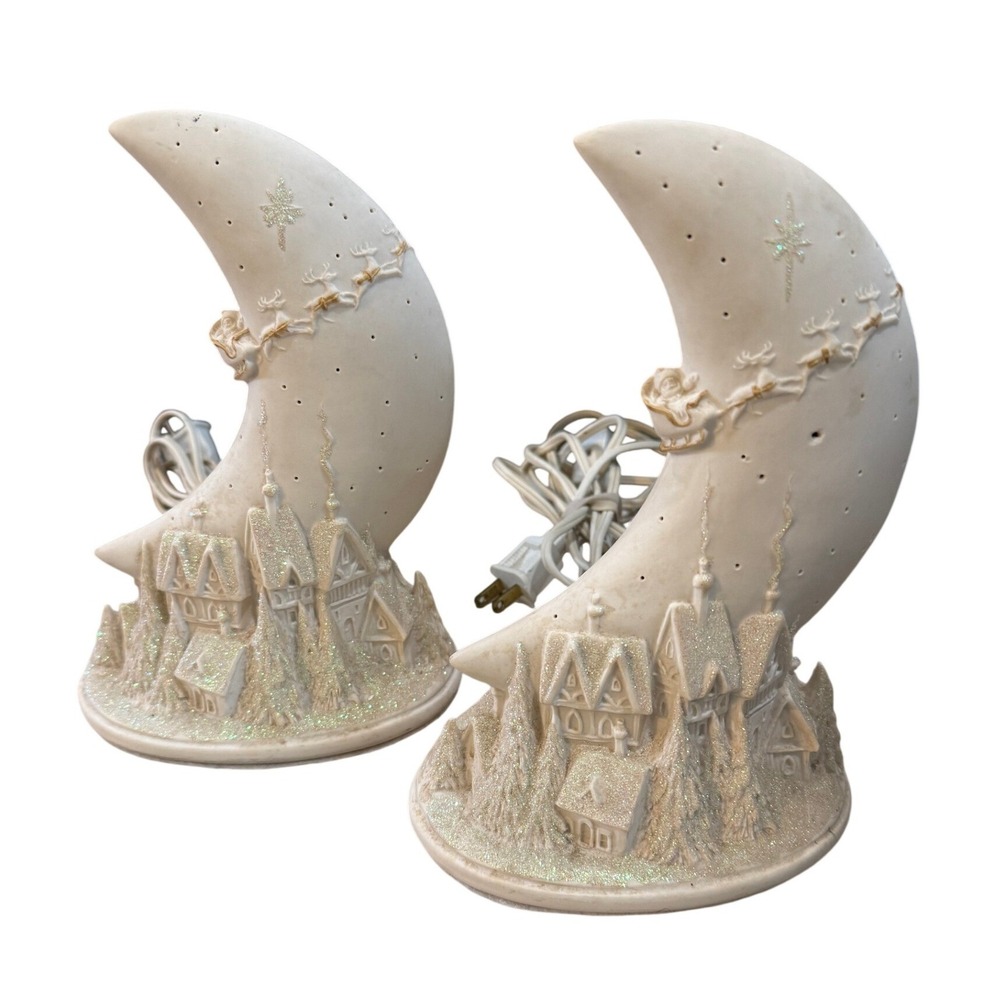 Vintage 90s Lighted Christmas Village Moon Lamp‎ Set Glitter Snow Pair